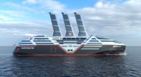 Illustration of the Sea Zero, a zero-emission cruise ship with retractable solar sails.
