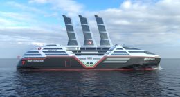 Illustration of the Sea Zero, a zero-emission cruise ship with retractable solar sails.