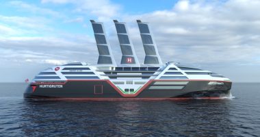Illustration of the Sea Zero, a zero-emission cruise ship with retractable solar sails.
