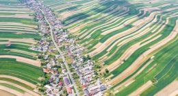 Aerial view of Suloszowa village in Poland, surrounded by agricultural fields.
