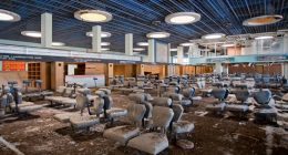 Abandoned airport waiting area with dirty seats.