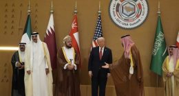 Saudi Crown Prince Mohammed bin Salman, right, welcomes President Donald Trump for the group photo with Gulf Cooperation Council leaders during the GCC Summit in Riyadh, Saudi Arabia