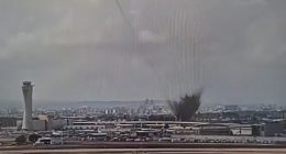 Surveillance footage of a missile impact at Ben Gurion Airport.