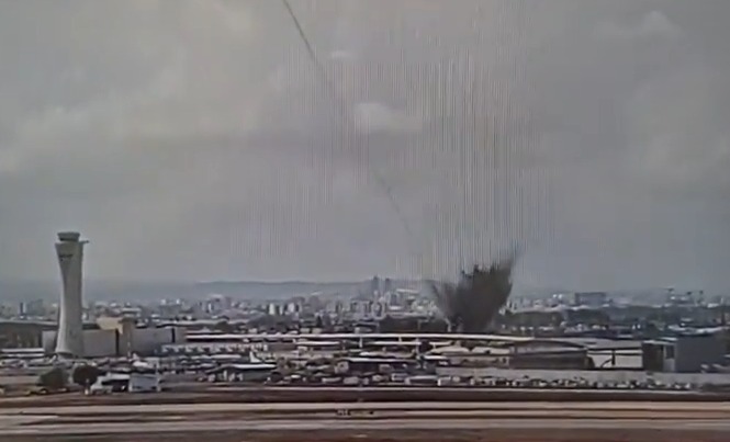 Surveillance footage of a missile impact at Ben Gurion Airport.