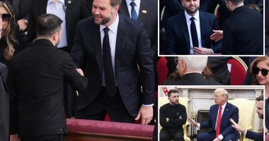 JD Vance and Volodymyr Zelensky shake hands during first encounter since Oval Office blow-up
