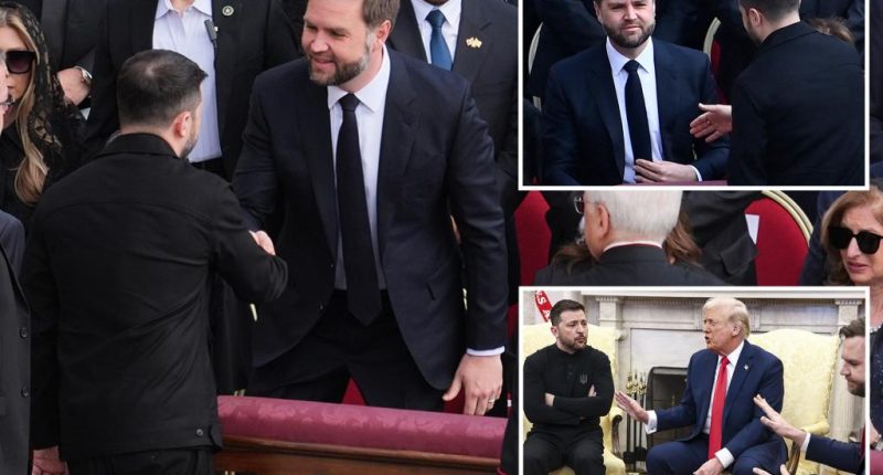 JD Vance and Volodymyr Zelensky shake hands during first encounter since Oval Office blow-up