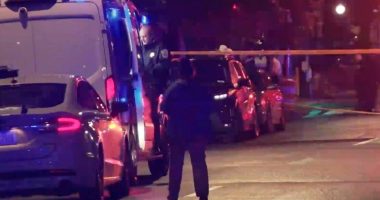 Crime scene with police and emergency vehicles.