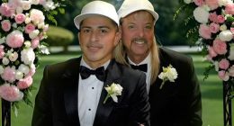 Illustration of Joe Exotic and another man in tuxedos at a wedding.