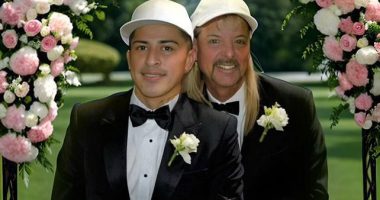 Illustration of Joe Exotic and another man in tuxedos at a wedding.