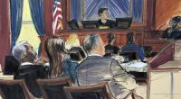 Sean 'Diddy' Combs, far left, looks on from the defense table with his attorneys, as a prospective juror, far right, answers questions posed by Judge Arun Subramanian, center, at Manhattan federal court, Monday, May 5, 2025, in New York. (Elizabeth Williams via AP)