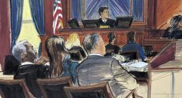 Sean 'Diddy' Combs, far left, looks on from the defense table with his attorneys, as a prospective juror, far right, answers questions posed by Judge Arun Subramanian, center, at Manhattan federal court, Monday, May 5, 2025, in New York. (Elizabeth Williams via AP)