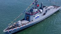 Aerial view of a North Korean destroyer at its launch ceremony.