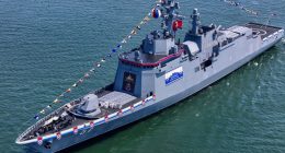 Aerial view of a North Korean destroyer at its launch ceremony.