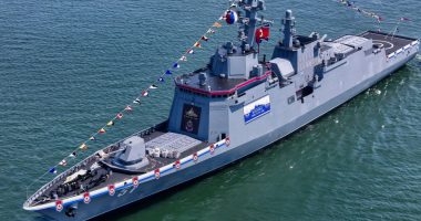 Aerial view of a North Korean destroyer at its launch ceremony.