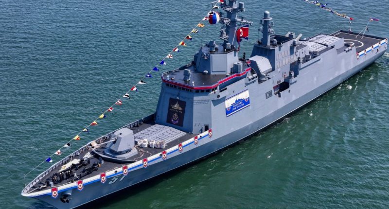 Aerial view of a North Korean destroyer at its launch ceremony.