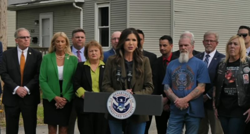 Kristi Noem, secretary of the Department of Homeland Security, attacks Gov. JB Pritzker, sanctuary policies in Springfield, IL