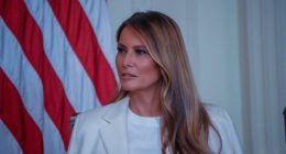 Melania Trump at a White House ceremony unveiling a postage stamp.