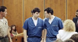 Lyle and Erik Menendez in court, wearing blue jail uniforms.
