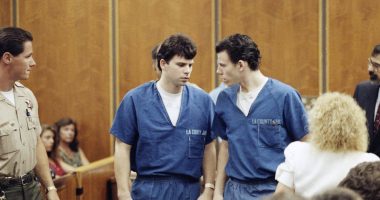 Lyle and Erik Menendez in court, wearing blue jail uniforms.