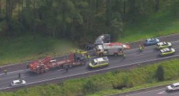There are grave fears for a man involved in a crash on Queensland's sunshine coast. It is believed a car towing a caravan veered off the Bruce Highway, just before Caloundra, then rolled down an embankment and into a creek at 11.20am today.