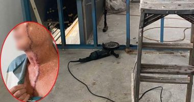 A 71-year-old man who was using a grinder while standing on a ladder suffered a massive cut from his face down to his chest﻿.