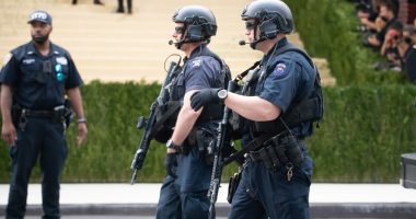 Illustration of Met Gala security plan showing a mile-wide frozen zone around the museum with drones, snipers, and bomb-sniffing dogs.