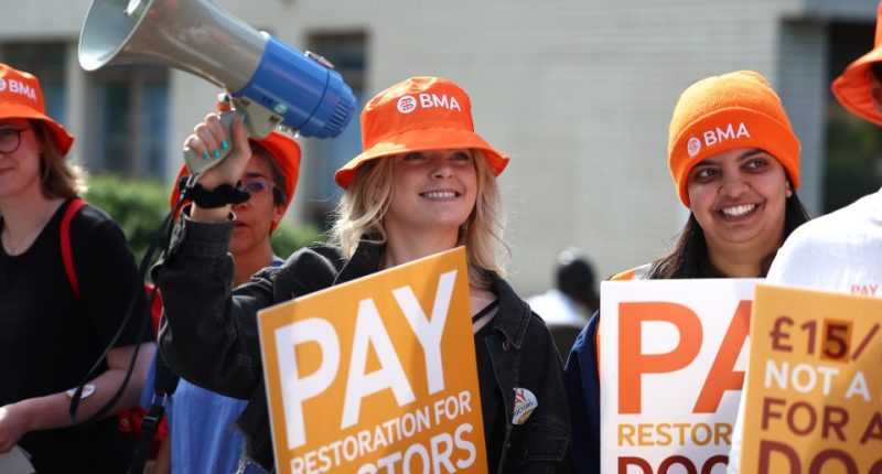 Junior doctors protesting for pay restoration in London.