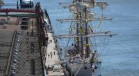 The Mexican Navy training vessel Cuauhtemoc after colliding with the Brooklyn Bridge.