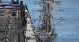 The Mexican Navy training vessel Cuauhtemoc after colliding with the Brooklyn Bridge.