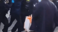 Police officers arresting a hooded person.