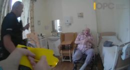 Bodycam footage of police officers using force against a 92-year-old man in a wheelchair.