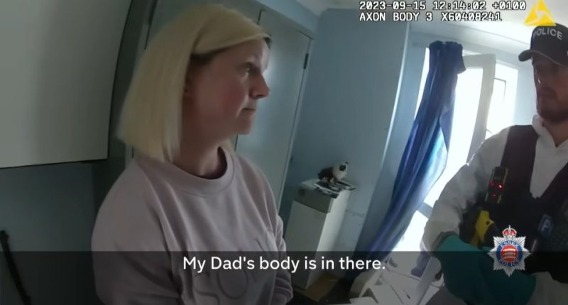 Bodycam footage of a woman confessing to police that her father's body is in the house.