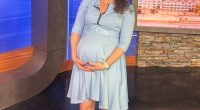 Pregnant news anchor on set.