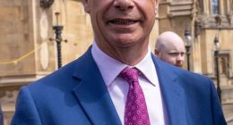 Nigel Farage and Sarah Pochin, Reform's first female MP, outside the Houses of Parliament.