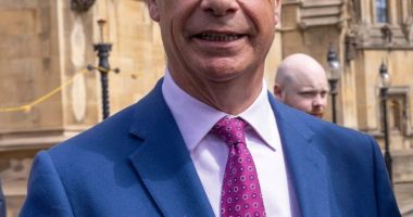 Nigel Farage and Sarah Pochin, Reform's first female MP, outside the Houses of Parliament.