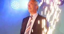 Nigel Farage speaking at a Reform UK election victory celebration.
