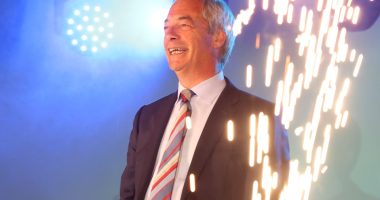 Nigel Farage speaking at a Reform UK election victory celebration.