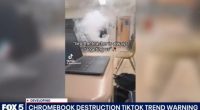 Screenshot of a news report about a TikTok trend of Chromebook destruction in a classroom.