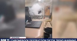 Screenshot of a news report about a TikTok trend of Chromebook destruction in a classroom.