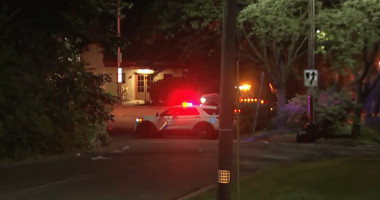 Police car at night at a mass shooting scene.
