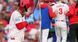 Phillies' Bryce Harper leaves game after getting hit in elbow