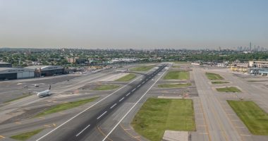 American Airlines and American Eagle aircraft docked at the airport terminal of LaGuardia. General view of the LaGuardia Airport LGA with the terminal, air traffic control tower, apron, taxiway, runway and passenger aircraft. LaGuardia is a civil airport in East Elmhurst, Queens, New York City, USA operating domestic and international flights. The owner is Port Authority of New York and New Jersey. Air Canada, American Airlines, American Eagle, Delta Air Lines, Delta Connection, Frontier Airlines, JetBlue, Southwest Airlines, Spirit Airlines, United Airlines and United Express operate from the airport. LaGuardia has three active terminals A, B, C with 72 gates. LaGuardia is undergoing a multi-billion dollar redesign that resulted in a new Terminal B and a new Terminal C. LaGuardia Airport, NYC, United States of America on May 11, 2023 (Photo by Nicolas Economou/NurPhoto via Getty Images)