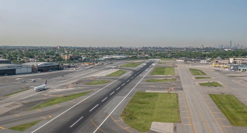 American Airlines and American Eagle aircraft docked at the airport terminal of LaGuardia. General view of the LaGuardia Airport LGA with the terminal, air traffic control tower, apron, taxiway, runway and passenger aircraft. LaGuardia is a civil airport in East Elmhurst, Queens, New York City, USA operating domestic and international flights. The owner is Port Authority of New York and New Jersey. Air Canada, American Airlines, American Eagle, Delta Air Lines, Delta Connection, Frontier Airlines, JetBlue, Southwest Airlines, Spirit Airlines, United Airlines and United Express operate from the airport. LaGuardia has three active terminals A, B, C with 72 gates. LaGuardia is undergoing a multi-billion dollar redesign that resulted in a new Terminal B and a new Terminal C. LaGuardia Airport, NYC, United States of America on May 11, 2023 (Photo by Nicolas Economou/NurPhoto via Getty Images)