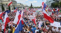 Supporters of Polish presidential candidate Rafal Trzaskowski at the start of the Great Patriots March in Warsaw on May 25