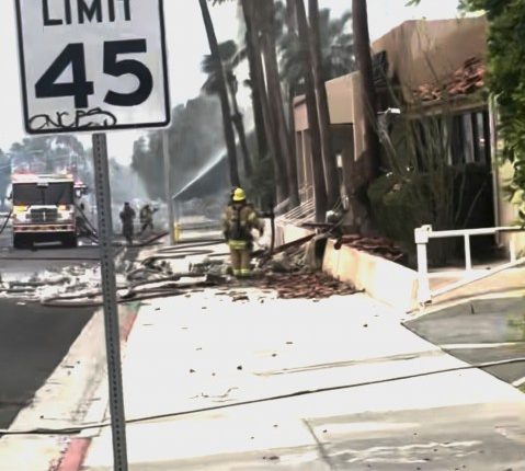 Police and firefighters respond to an explosion rocking the California city of Palm Springs
