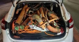 Hï»¿ighway patrol officers uncovered a car full of allegedly stolen copper in Sydney's inner west last week. Copper pipes poking through the windows of the car and a bent number plate sent alarm bells off for NSW police on Sunday.