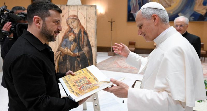 Pope Leo XIV with Volodymyr and Olena Zelenska.