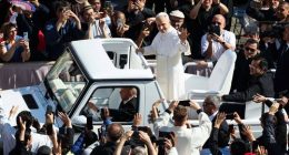 Pope Leo XIV greets visitors and worshippers ahead of the Inauguration Mass of Pope Leo XIV, at Vatican City