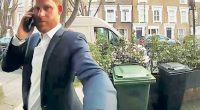 Prince Harry on a phone call, knocking on a door in Fulham.