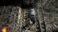 Bomb damage to a building in Donetsk, Ukraine.